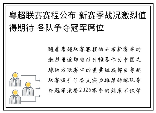 粤超联赛赛程公布 新赛季战况激烈值得期待 各队争夺冠军席位