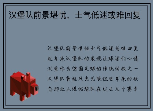 汉堡队前景堪忧，士气低迷或难回复